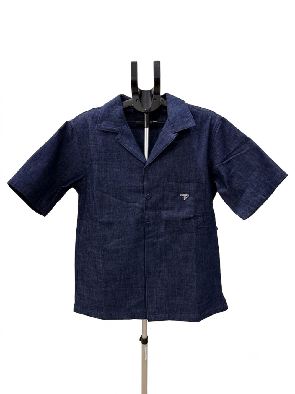 Prada Dark Navy Short-Sleeve Camp Collar Button-Down Denim Shirt